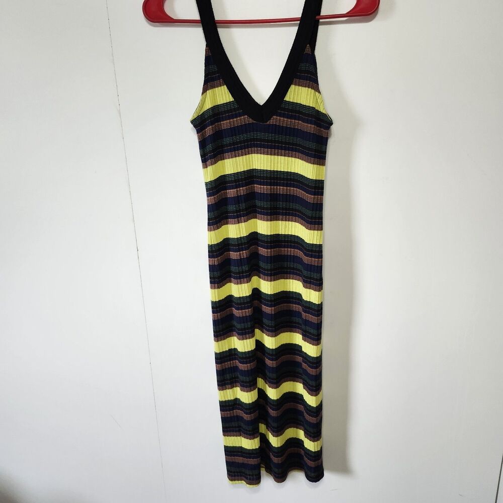 Splendid Jungle Stripe Ribbed Midi Dress V-Neck Sleeveless Y2K Womens S - Picture 5 of 10